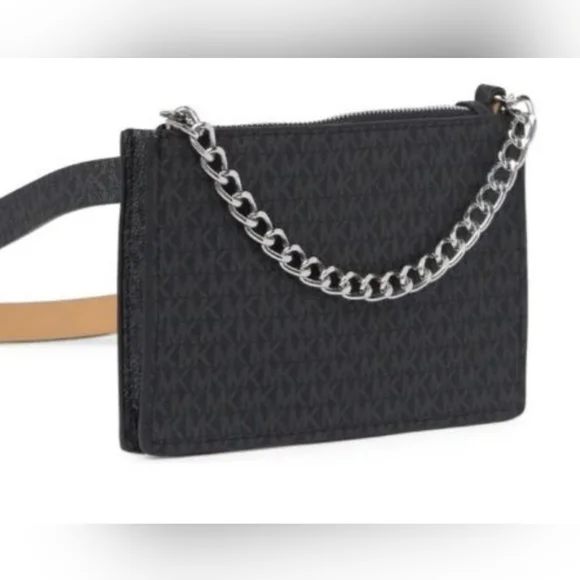 NWT. ON HOLD Michael Kors Signature Belt Bag. Black and Grey With Silver Chain. - Picture 3 of 6